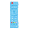 Blue silicone TV remote control shape teether toy, BPA free, safe for babies to chew and play with.