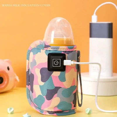 USB milk bottle warmer in colorful camouflage design, perfect for outdoor travel with babies.