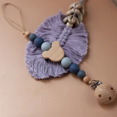 Custom wooden baby pacifier chain with silicone beads and teether pendant, perfect newborn gift.