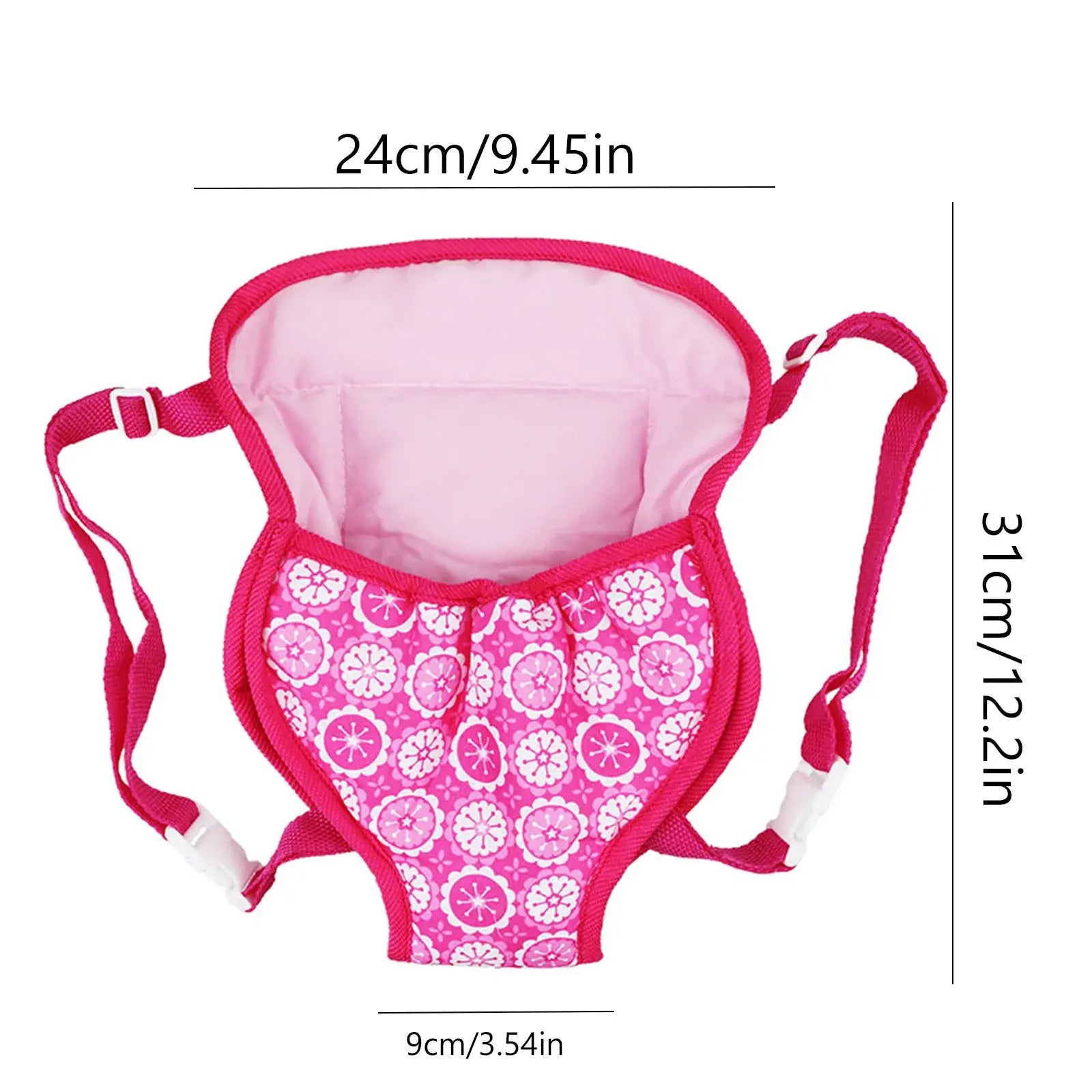 Pink doll carrier accessory with floral design, dimensions 24x31cm, ideal for 15-18 inch dolls.