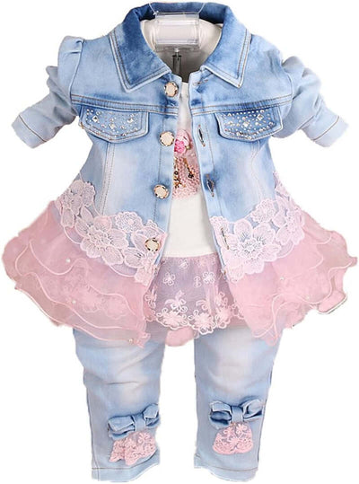 Baby Girls Denim Clothing Sets 3 Pieces Sets T Shirt Denim Jacket and Jeans