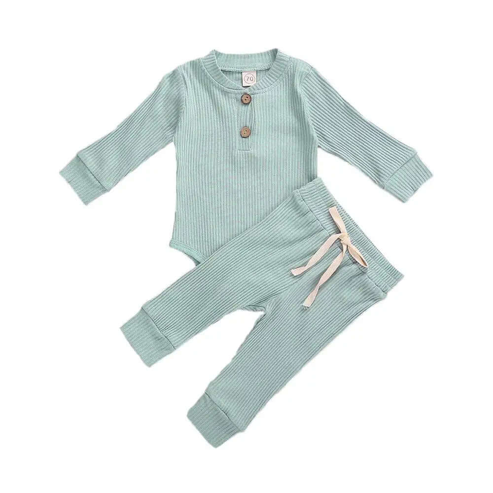 Infant Newborn Baby Girl Boy Spring Autumn Ribbed/Plaid Solid Clothes Sets Long Sleeve Bodysuits + Elastic Pants 2Pcs Outfits